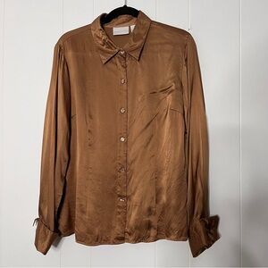 Worthington 100% Silk Tan Long Sleeve Button Down Blouse French Cuff Large